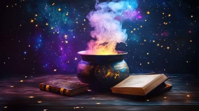 A magical cauldron with smoke and books against starry background