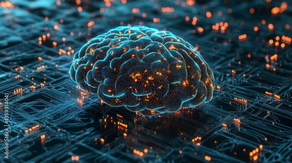 Poster electrical impulse of neural networks. high-tech nano material. 3d illustration of abstract cyberspa