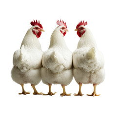 Fototapeta premium Trio of charming white chickens roaming freely in a lush green environment under bright natural light white isolate background