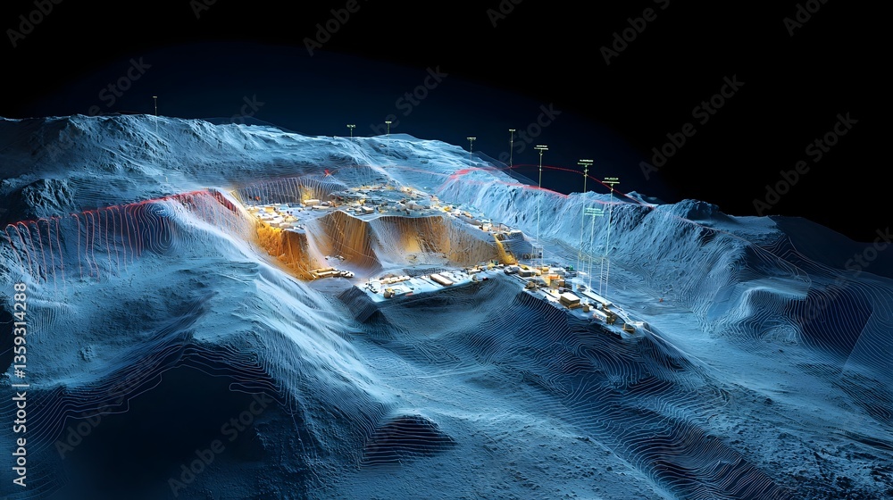 Poster A futuristic visually stunning geological simulation that integrates lidar and radar data to create a highly detailed predictive model of a rugged mountainous landscape
