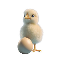 Obraz premium Small white chicken curiously observing a fresh egg in a bright and cheerful farmyard setting filled with life white isolate background