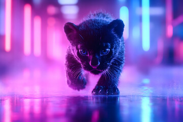 Neon Panther Cub in Futuristic Space