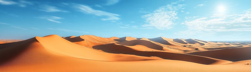A vast desert landscape with golden sand dunes, stretching into the horizon