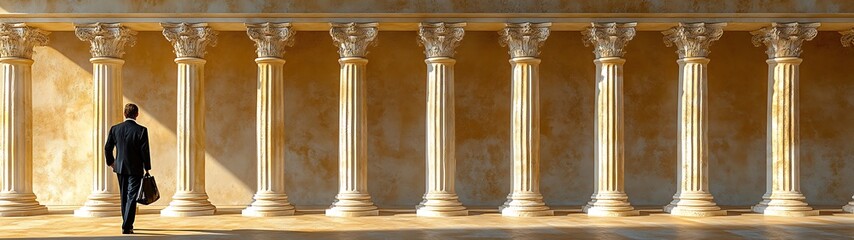Obraz premium A businessman walks toward columns in a grand classical building