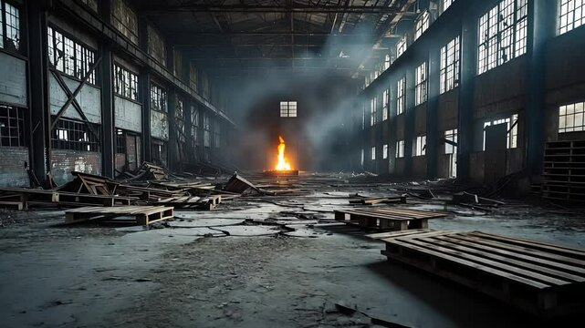 Abandoned industrial warehouse interior with broken windows, scattered pallets, and fire burning in the center

