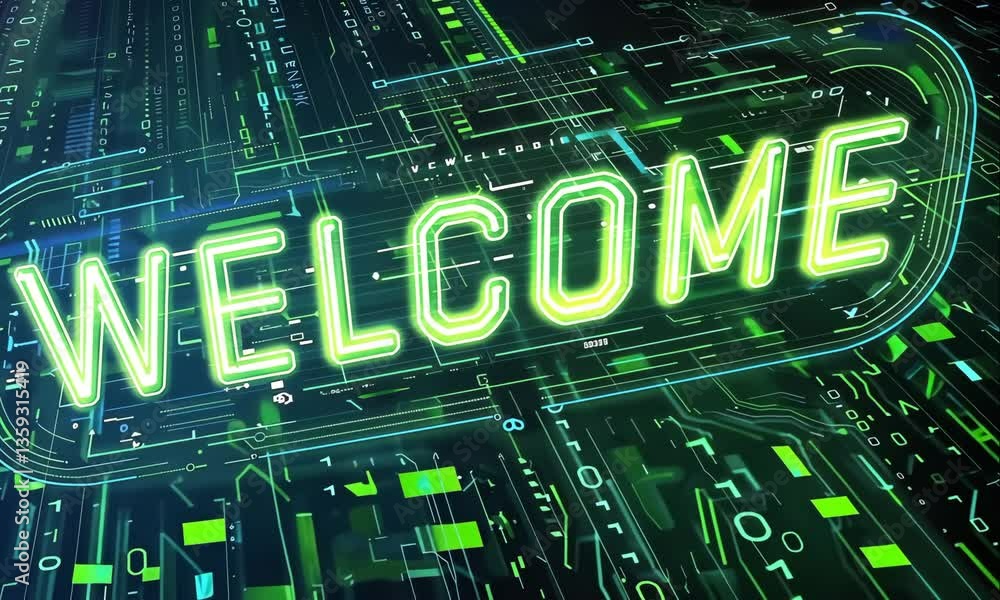 Aufkleber digital welcome text on green binary code background animation