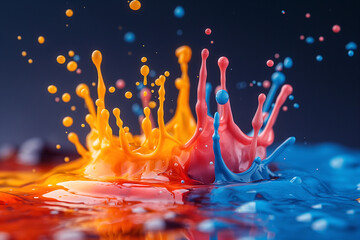 Vibrant splashes of orange, blue, and pink paint create an engaging visual spectacle, evoking energy and creativity.