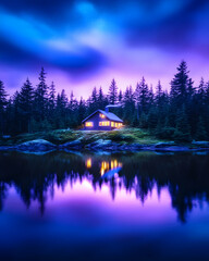 Night cabin lake forest reflection serenity