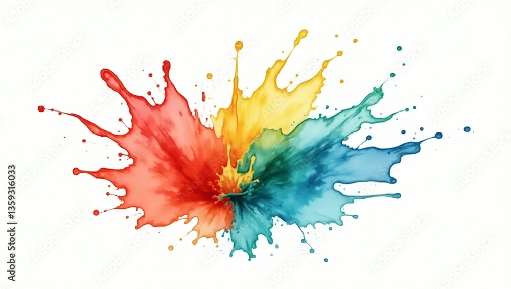 Poster a vivid watercolor paint splash in vibrant colors creating a stunning visual impact. the image showc