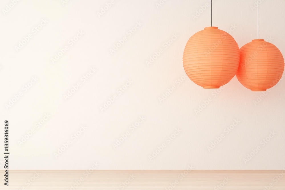 Poster minimalistic interior setting with two hanging orange paper lanterns on a light background, creating
