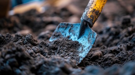Close-up of a Blue and Yellow Shovel in Dark Soil