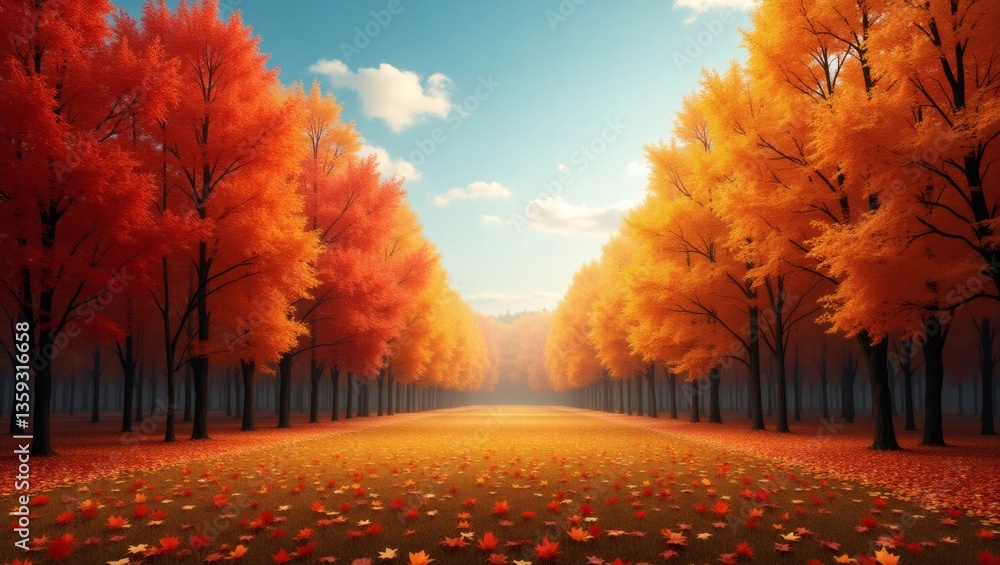 Aufkleber an endless, golden path of fall leaves. A symmetrical display of colorful trees lines the pathway, creating a breathtaking scenery 