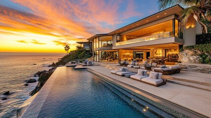 Obraz premium Ultra-modern beachfront estate, open terrace with uninterrupted ocean view, plush furniture in warm tones, golden light of sunset 