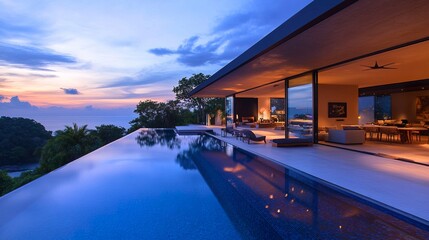 Obraz premium Ultra-modern villa with infinity pool merging with the horizon, glass walls revealing open living spaces, twilight tones reflecting on water 