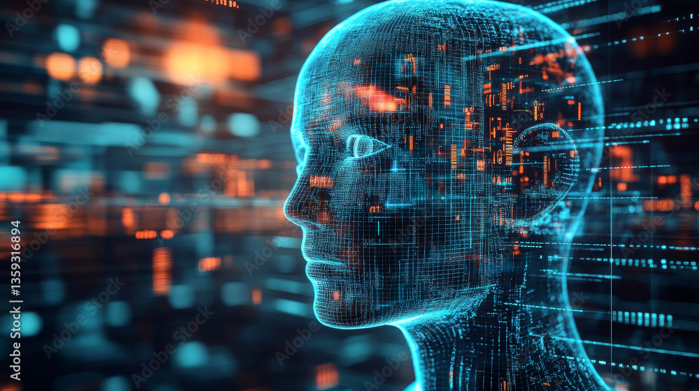 Poster artificial intelligence and computer mind. high technologies, network database. realistic 3d illustr