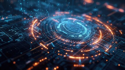 This abstract digital diagram features futuristic elements and vibrant colors, showcasing a complex interplay of light and technology. Ideal for themes related to innovation and modern design.