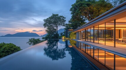 Ultra-modern villa with infinity pool merging with the horizon, glass walls revealing open living spaces, twilight tones reflecting on water 