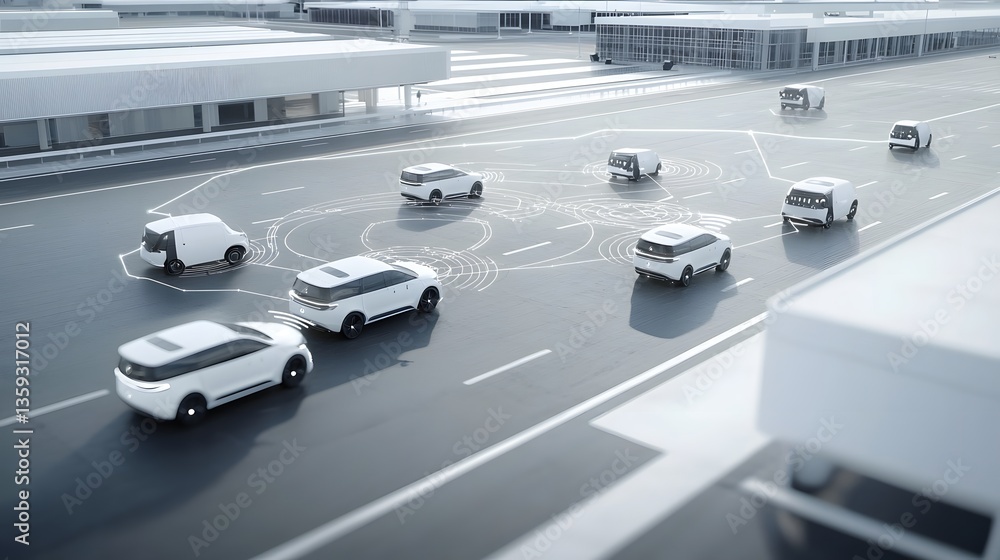 Leinwandbilder A highway scene depicting multiple autonomous vehicles seamlessly navigating through traffic connected by advanced sensor networks and communication systems