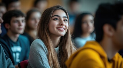 Fototapeta premium A classroom filled with students listening attentively, featuring a girl with a bright smile, highlighting their engagement and interest