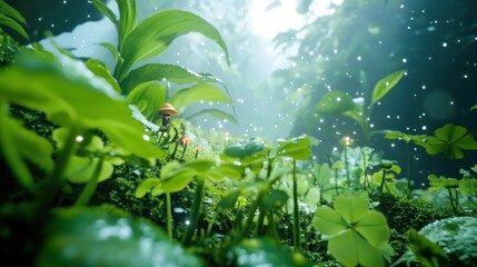 An ethereal image featuring tiny mushrooms in a forest setting