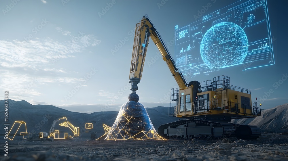 Poster A large high tech drilling operates in a rugged mountainous landscape extracting valuable core samples from deep within the earth s surface for scientific analysis and