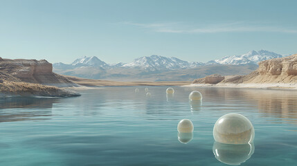 Serene Lake Spheres: Tranquil landscape of a serene lake, with floating spheres creating a unique artistic impression, complemented by rugged mountains and clear blue sky. 