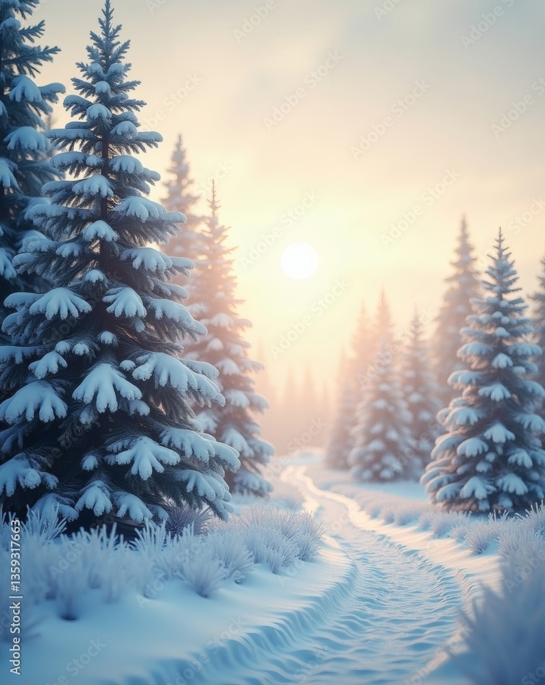 Poster a serene winter landscape with snow-covered trees and a pathway leading into the distance. the scene