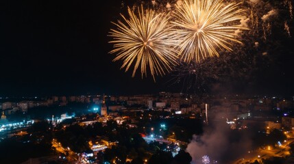 Obraz premium New year's eve celebration city skyline fireworks display nighttime festival aerial view festive atmosphere for memorable moments