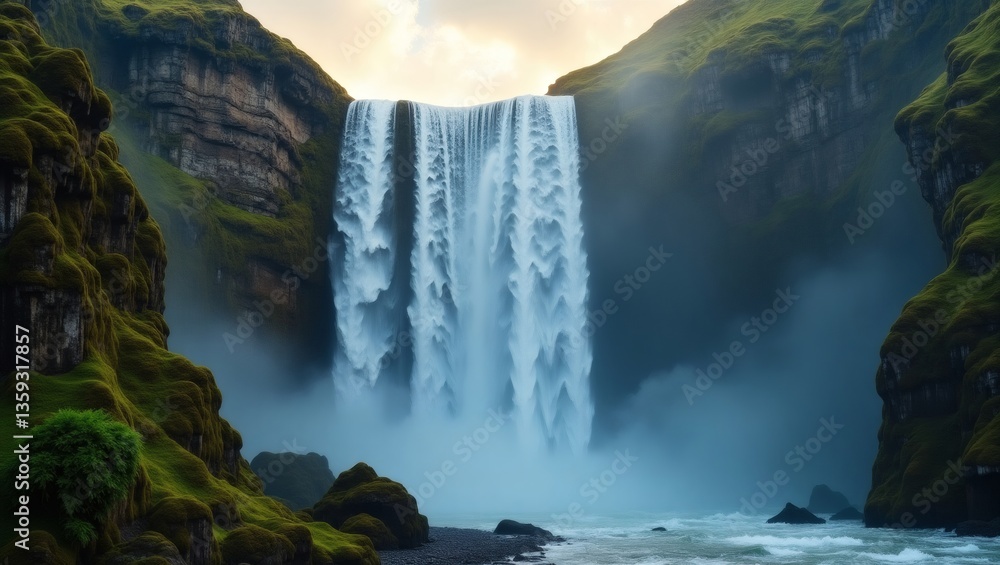 Poster a captivating view of the waterfall cascading down between the mountains, surrounded by lush greener