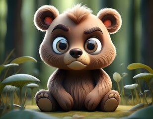 Fototapeta premium A cute, round-faced bear sits in a lush, forested environment