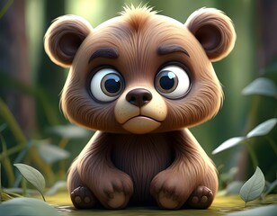 Fototapeta premium A cute, anthropomorphic teddy bear stands on a wet patch in a lush, vibrant forest