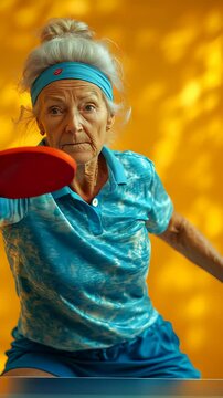 Older woman plays table tennis intensely against vibrant background. Ideal for Social Media, Stories, Advertising
