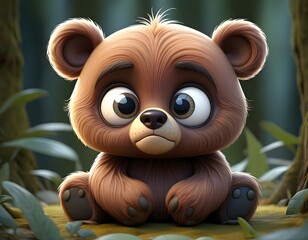 Obraz premium A cute, cartoonish bear cub sits on a lush, green forest floor, surrounded by foliage and trees.