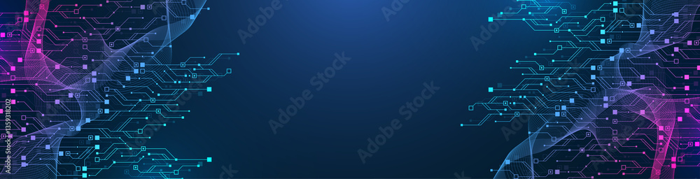 Aufkleber Artificial Intelligence or machine learning illustration design. Quantum computer technology concept with circuit board and motherboard texture background design. Waves flow quantum explosion