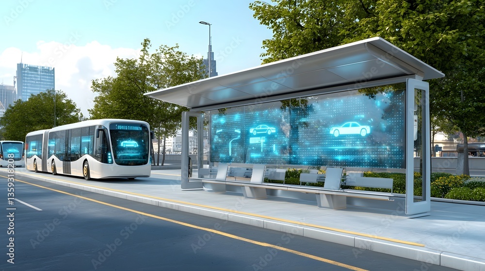 Poster A modern bus stop equipped with holographic digital displays and technology to guide the arrival of autonomous energy efficient electric vehicles in a sustainable connected city environment