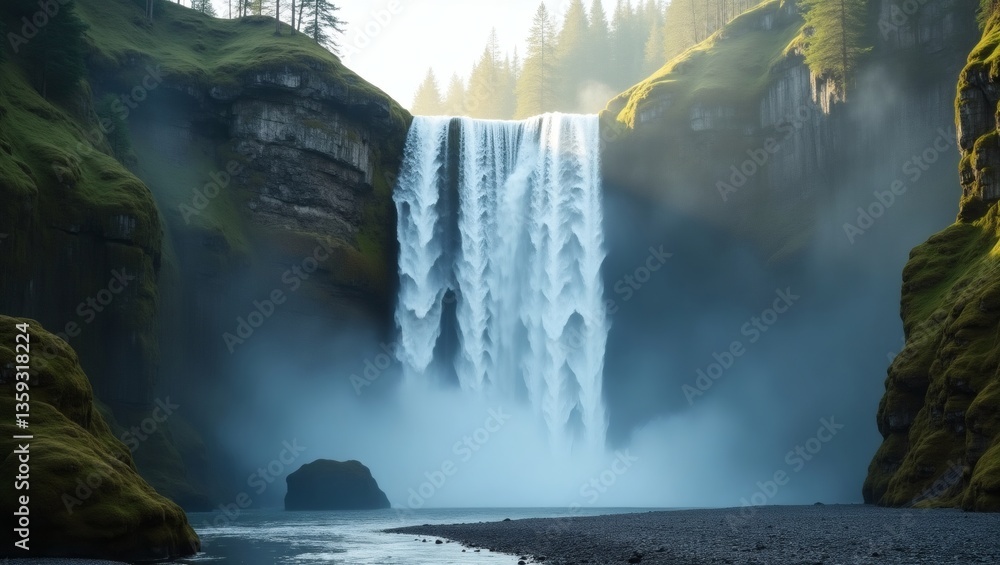 Poster a majestic waterfall cascading down a cliff into a misty pool with trees on the top