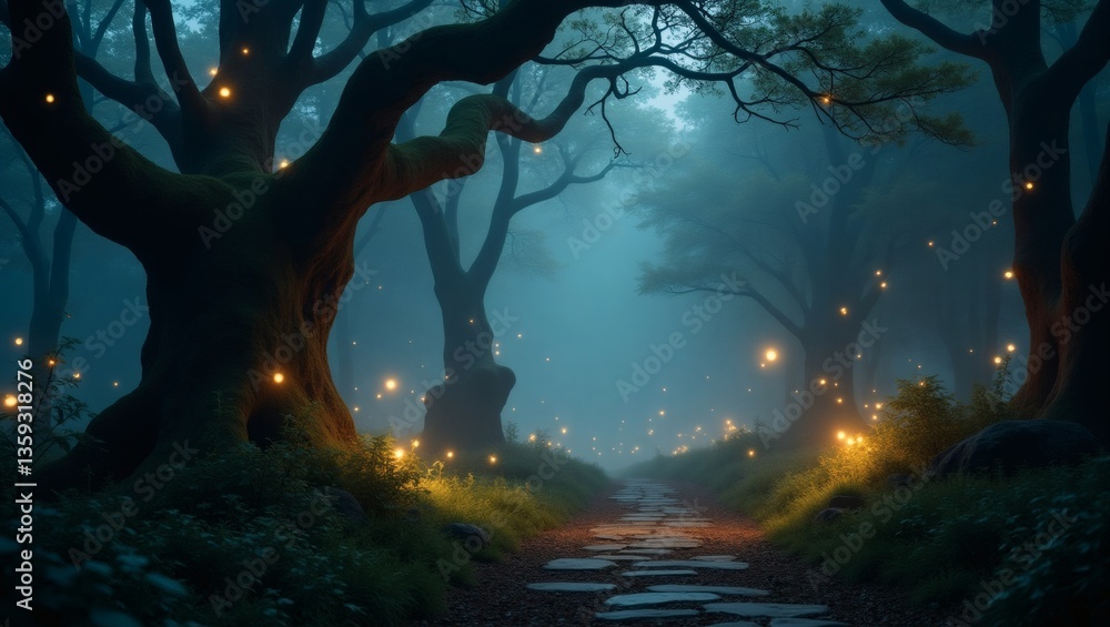 Poster a enchanting forest pathway with glowing lights amidst the trees, creating a mystical atmosphere. The scene is filled with an air of fantasy and wonder