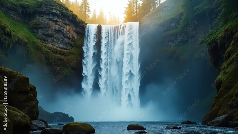 Poster a magnificent waterfall cascading down a rocky cliff, surrounded by lush greenery, creating a breath