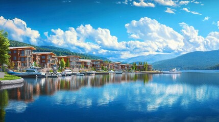 Naklejka premium Waterfront view from Sandpoint, Lake Pend Oreille sparkling blue, condos and resorts nestled by marinas, summer sky reflecting on water 