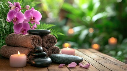 A soothing spa setting with a hot stone therapy setup on a wooden surface.