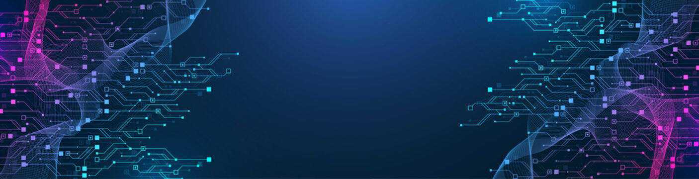 Artificial Intelligence or machine learning illustration design. Quantum computer technology concept with circuit board and motherboard texture background design. Waves flow quantum explosion