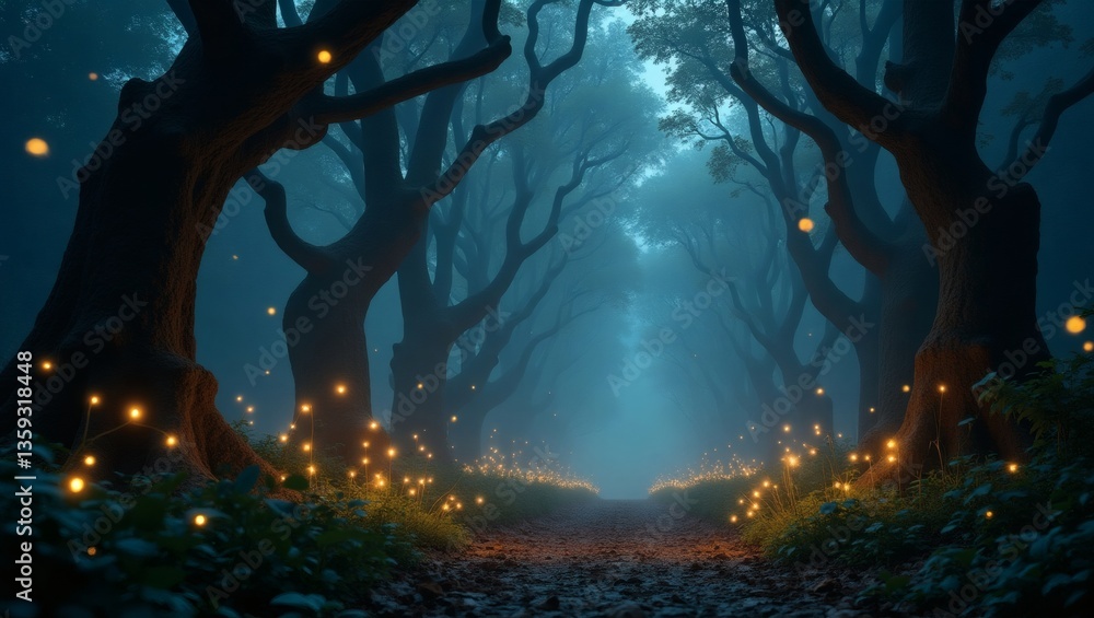 Poster an enchanting path of fairy lights through a mystical forest, creating a magical and dreamlike ambia
