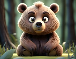 Fototapeta premium A whimsical, cartoonish bear sits in a forest with wide eyes and fur textured to represent softness.