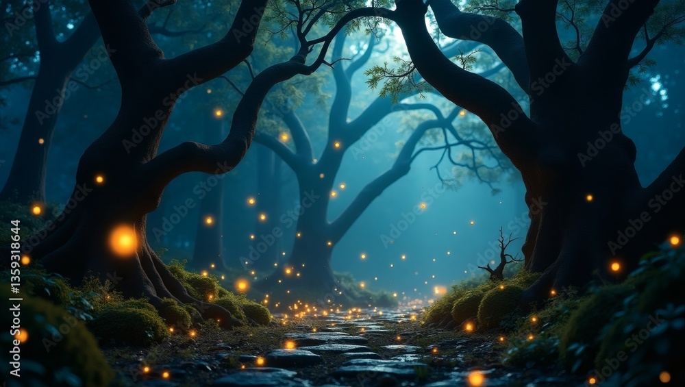 Poster A mystical forest scene at dusk, with glowing orbs creating an enchanting atmosphere. Majestic trees frame a path leading into the depths of the forest