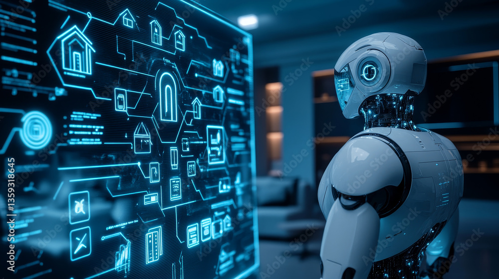 Poster programmable cyberspace. robot, android, chat bot 3d illustration. abstract cyber concept technology