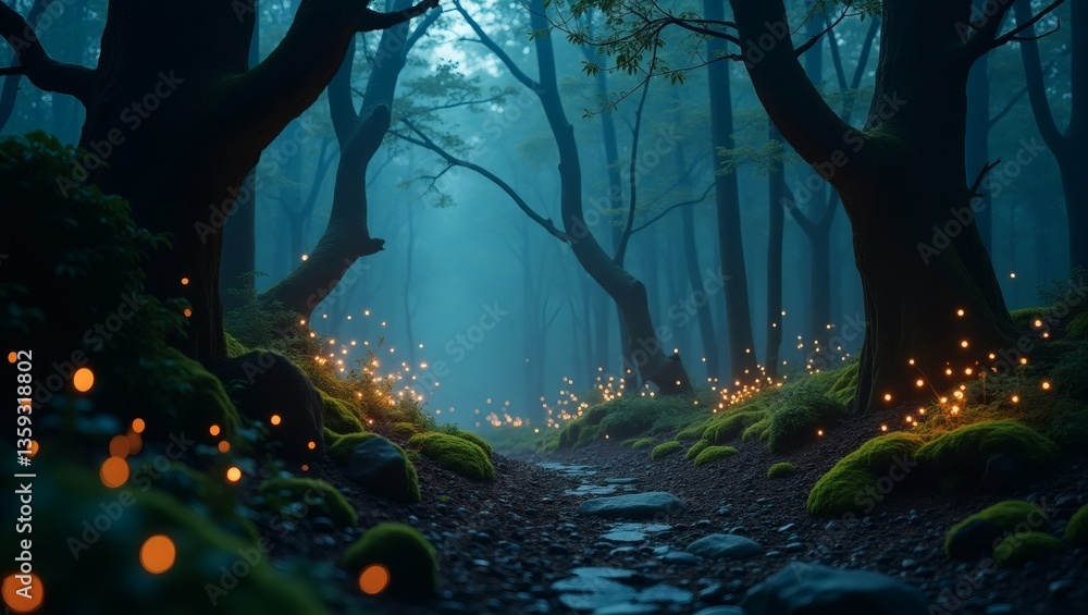 Poster a dreamy and ethereal forest path illuminated by glowing orbs, creating a magical atmosphere