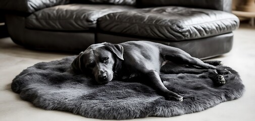 Sleepy labrador retriever resting comfortably on a plush grey carpet