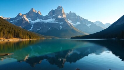 Fototapeta premium a stunning landscape showcasing a serene lake reflecting majestic mountains under a clear sky