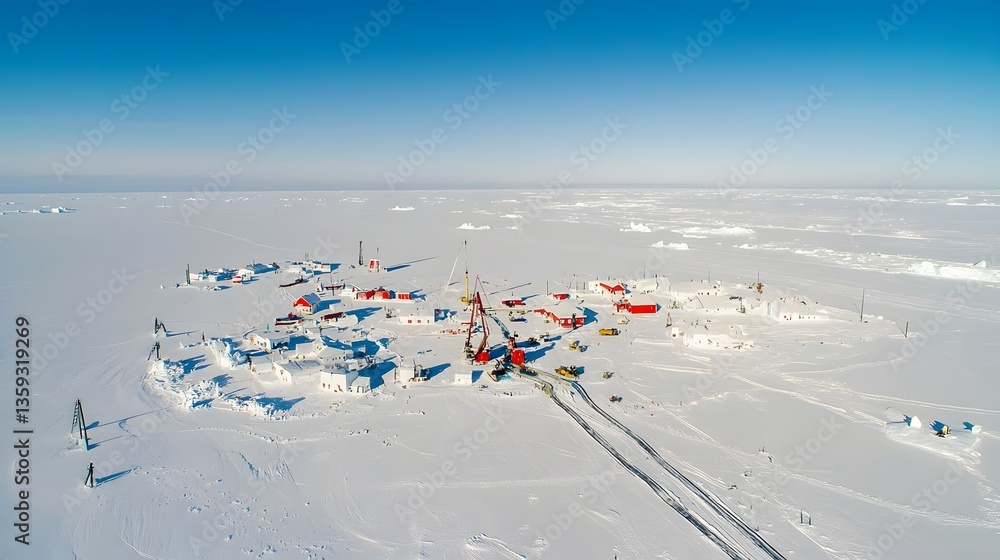Poster a remote isolated research camp in the frozen arctic landscape with scientists and support staff con