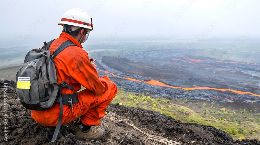 Poster a researcher in protective gear analyzes volcanic rocks and samples near an active lava flow site st